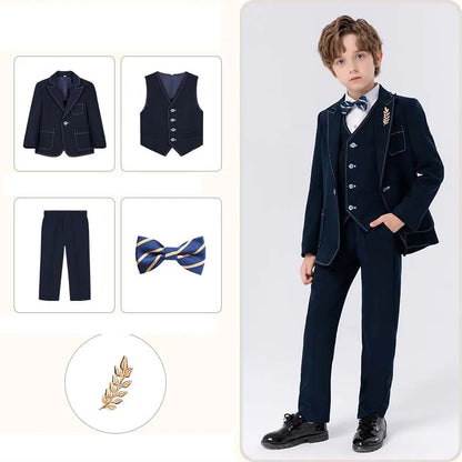 Gentleman Kids Slim 4Pieces/Set Jacket Vest Pants Bowtie Party Dress Children Ceremony Photograph Suit Boys Performance Costume