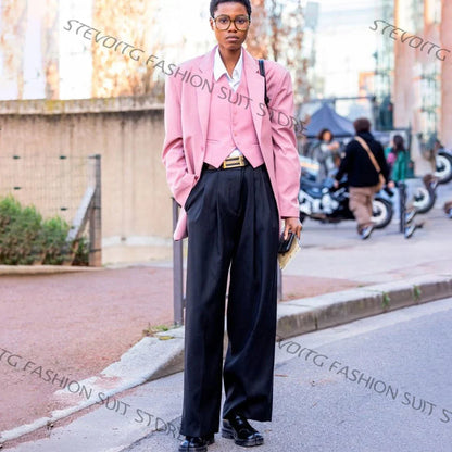 Trendy Pink Oversized Women's Matching Sets Modern Jacket+Vest+Pants Suit Retro Formal Outfit for Street Style & Office Wear