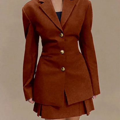 Women's Pleated Skirt Suit Set 2025 2Pieces(Tailored Blazer&High Waist Skirt) Office Chic Single-breasted Notch Lapel Outfit