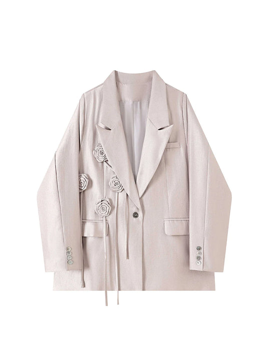 Women's Apricot 3D Floral Blazer Jacket Harajuku 2000s Long Sleeve Oversize Suit Coat Vintage Outerwear Top Clothes Autumn 2025