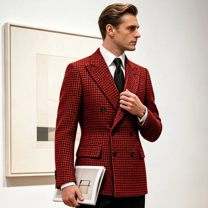 Men's Double Breasted Houndstooth Suit Jacket Classic Slim Fit Groom Wedding Blazer