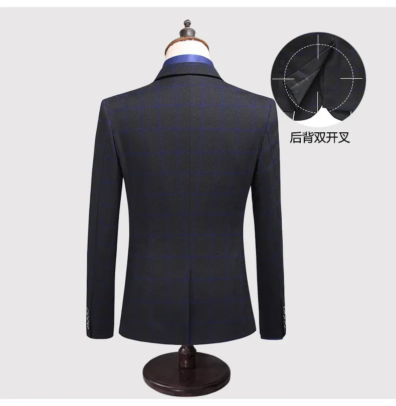 Men's Suit Set – Blazer, Vest & Trousers – British Grid Smart Casual for Business & Weddings