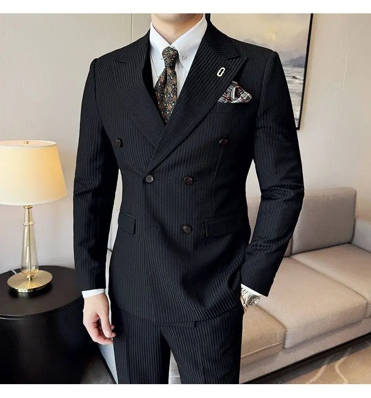 Korean Slim Fitt Wedding Suit Fashion Striped Double Breasted Suit 3 Piece Set Business Formal Casual Party Prom Host Suits