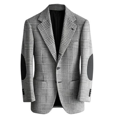Retro British Plaid Men's Blazer with Elbow Patches Slim Fit Business Casual Tweed Suit Jacket for Office Daily Wear Sport Coats