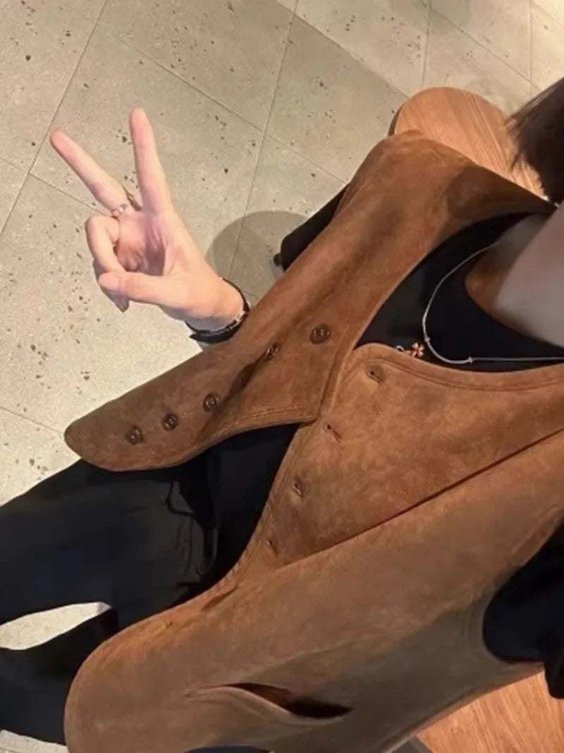 Spring Autumn Suede Sleeveless Vest For Women New O-Neck Single Breasted Waistcoat Female Korean Loose Short Vest Jacket