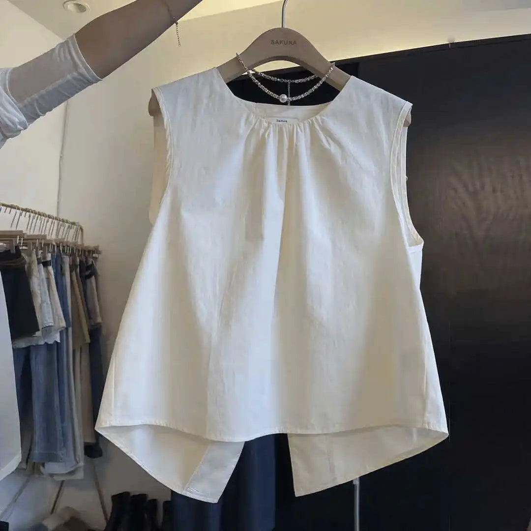 Korean Loose Fit Round Neck Sleeveless Vest 2025 Summer Women's Pure Top Split at Back Shirt