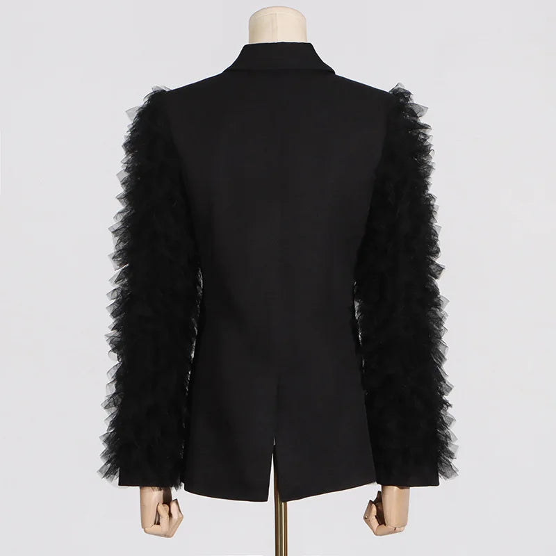 Spring Autumn New Women Blazer Notched Collar Single Button Patchwork Pleated Mesh Long Sleeve Elegant Fashion Coat HK18270