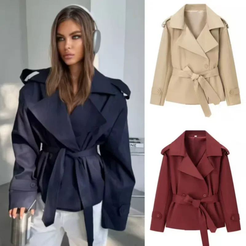 Solid Lapel Lace Up Jacket Elegant Chic Full Sleeve Button Loose Long Coat Women Office Lady Daily Commute Overcoat Windbreaker