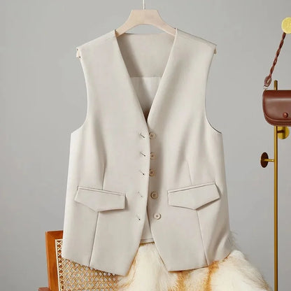 2025 New Women's Blazer High End Casual Vest Waistcoat Female Commuting Slimming Collar Less Sleeveless Short Suit Jacket Lined