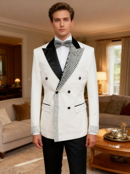 Dazzling Luxury Beaded Men's Slim Fit Suits 2 Pieces Engagement Banquet Outfit Double Breasted Peak Lapel Suit Set Dancing Wear