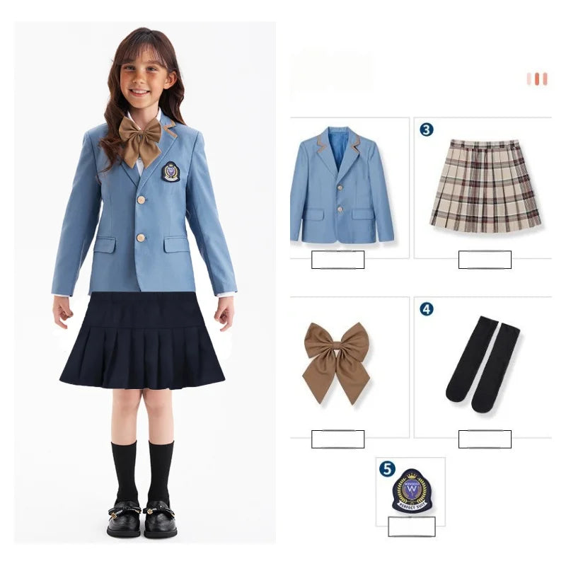 2-11Years Children's Kindergarten Dress  Girls Spring Autumn School Uniform Suit College Style English Class Suit Chorus Costume