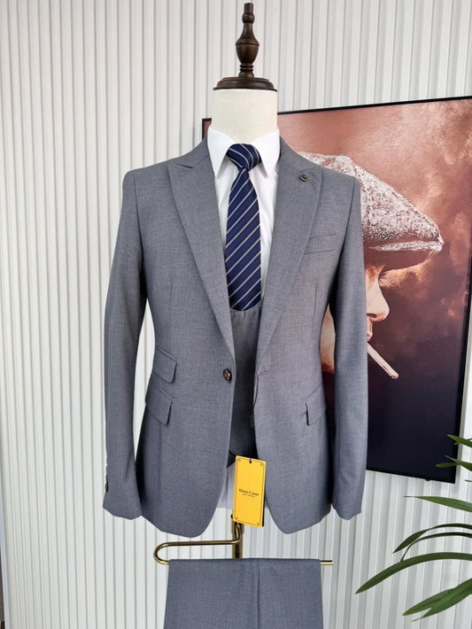 Formal Men's Slim Fit Suit Set Wedding Groom Sets High Quality Peak Lapel 3 Pieces Blazer Vest Pants Business Outfit