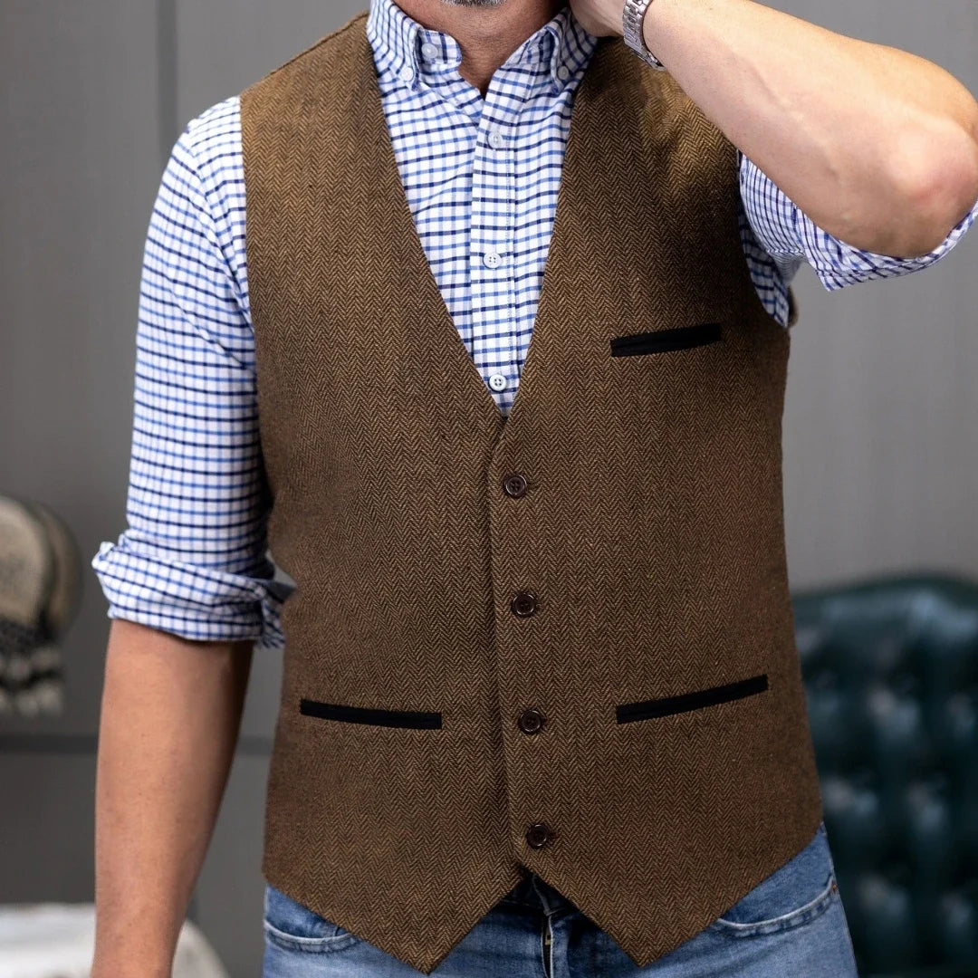 Men's Herringbone Tweed Vest Single Button V-Neck Waistcoat for Weddings and Formal Occasions