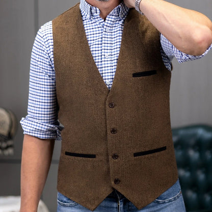 Men's Herringbone Tweed Vest Single Button V-Neck Waistcoat for Weddings and Formal Occasions