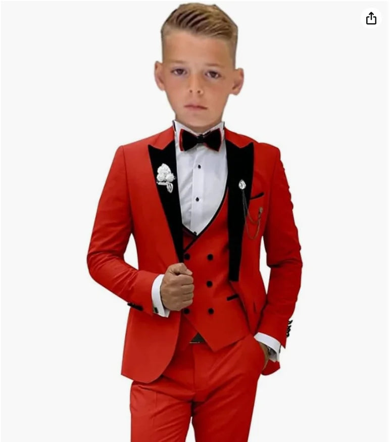 Beige Boys Suit Jacket Vest Pants Set Peaked Lapel Blazer Wedding Tuxedos for Kids Party Stage Dress Child Formal Suit