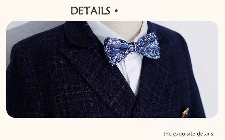 kids Gray Plaid Suit Set Flower Boys Wedding Outfit Children's 4Pieces Formal Wear With Jacket Vest Pants Bowtie