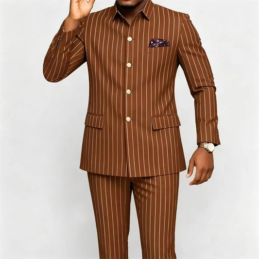 Men's Stripe Suits Slim Fit Single Breasted Stand Collar Tuxedo 2 Pieces Pinstripe Style Set Jacket Pants Business Formal Wear