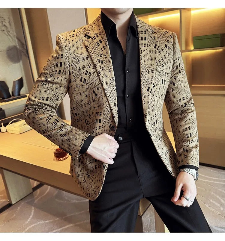 Korean Slim Fit Casual Suit Jacket for Men Fashion Camouflage Business Social Blazers Wedding Streetwear Dress Coat Men Clothing