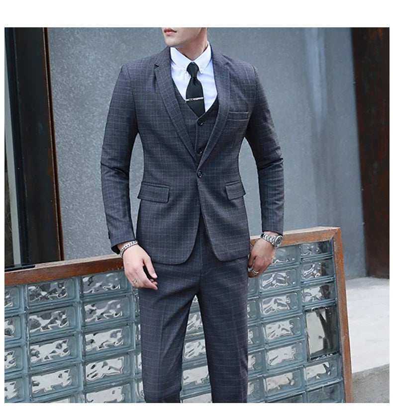 Men's Autumn Winter Trendy Three-Piece Suit Set Slim Fit Stylish Vest Trousers Ensemble Handsome Personality Wardrobe Essential