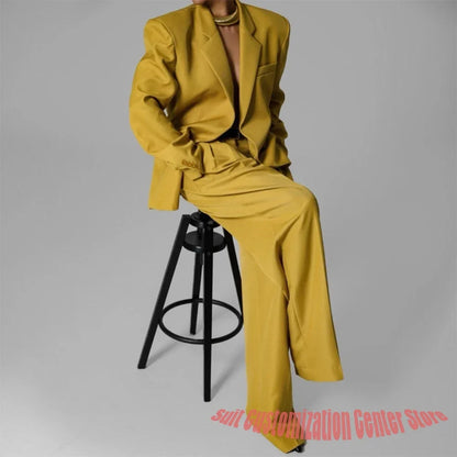 Professional Women's Yellow Oversized Pants Set Modern 2-Piece Jacket+Pants Fashion Streetwear Style Suit for Autumn Winter