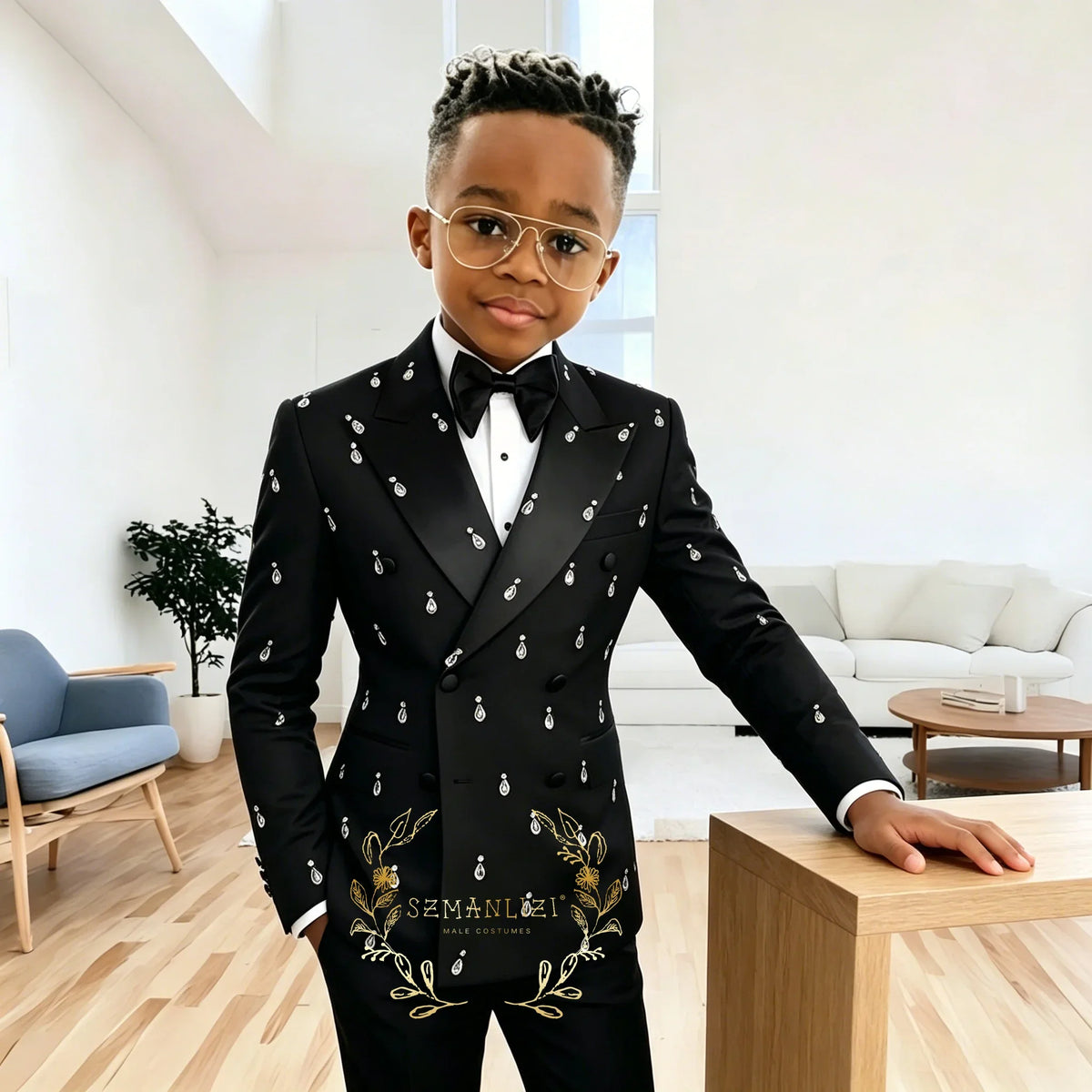 Boy's Suits 2 Pieces Black Beads Crystals Slim Fit Double Breasted Boy's Outfit Wedding Party Flower Children Sets（Blazer+Pants)