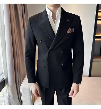 (Jacket+Pant) Fashion Double Breasted Design Men's Slim Fit Suits High Quality Italian Style Wedding Social Tuxedo Men Clothing