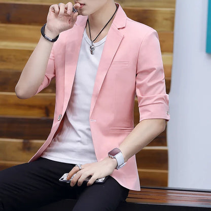 Summer 2025 Men's Mid-Sleeve Slim Fit Suit Korean Style Handsome Youth Seven-Quarter Jacket Small Suit Collection