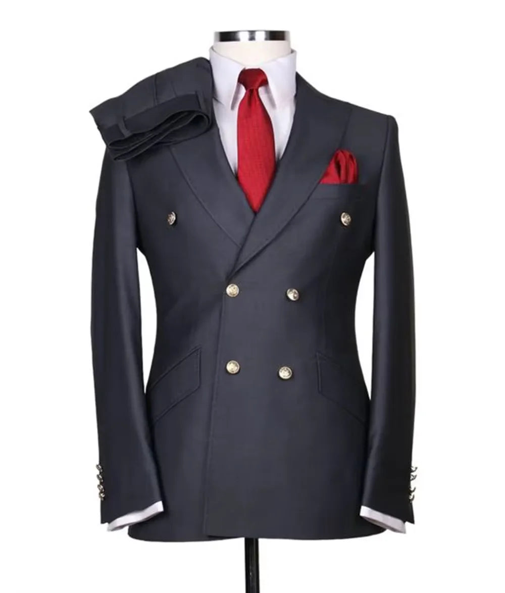 Men's Serge Suit 2 Piece Double Breasted Slim Fit Peak Lapel Gold Button High Quality Formal Blazer Pants Formal Business Weddin