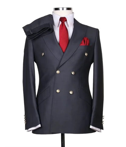 Men's Serge Suit 2 Piece Double Breasted Slim Fit Peak Lapel Gold Button High Quality Formal Blazer Pants Formal Business Weddin