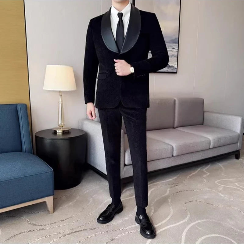 British Style PU Patchwork Suit for Men Casual Business Wedding Suits 2 Pieces Set (jacket+pant) Office Work Party Prom Suit