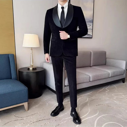 British Style PU Patchwork Suit for Men Casual Business Wedding Suits 2 Pieces Set (jacket+pant) Office Work Party Prom Suit