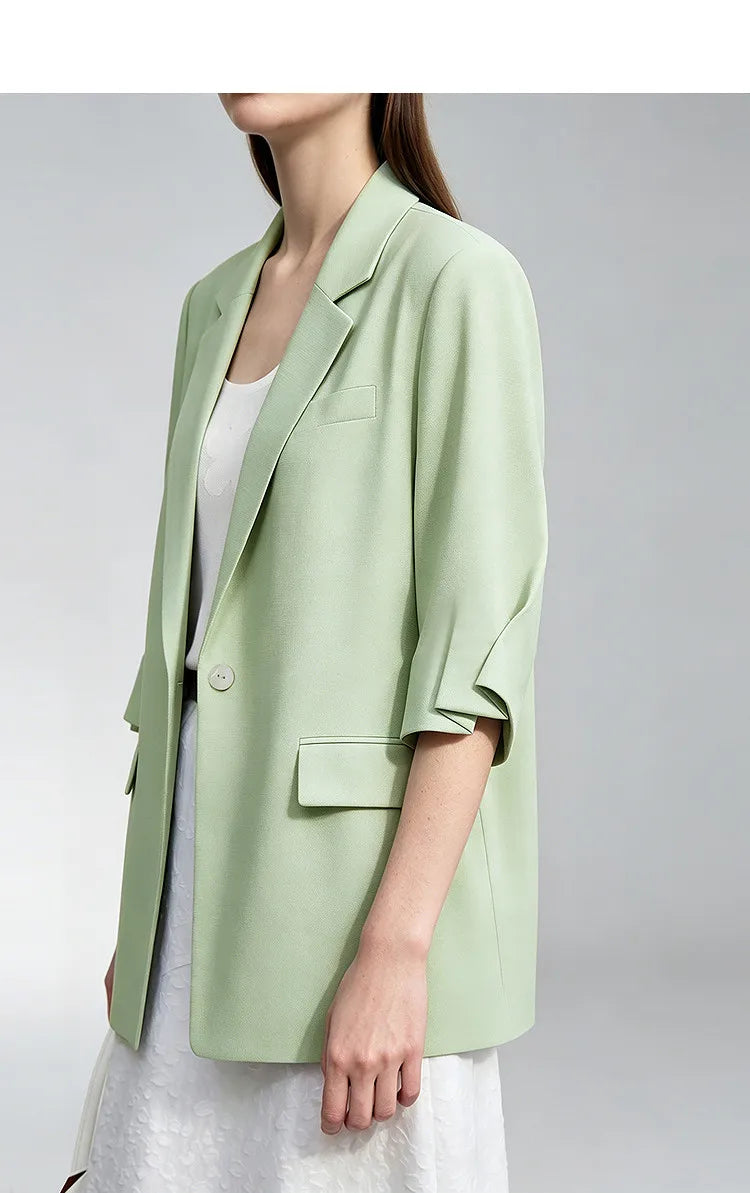 Women's Blazer 2026 Summer New Notch Lapel Linen Blend Pleated Half Sleeve Jacket Casual Office Midi Length Coat 12642184