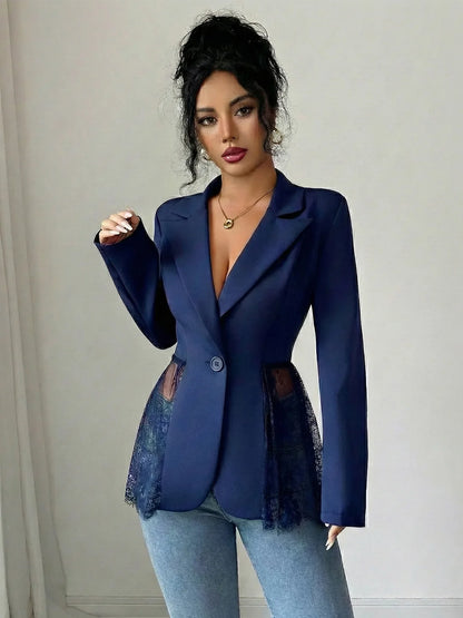 Elegant Style Women's Suit Jacket A-Line Silhouette Lace Waist Color Block Autumn New Arrival Fashion Outerwear
