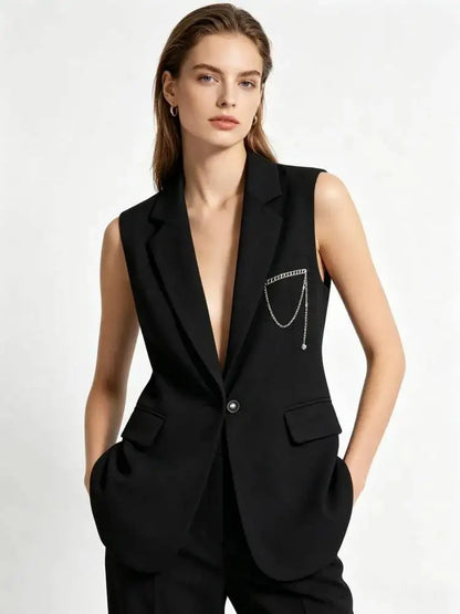 Elegant Slim-Fit Black Sleeveless Blazer Vest Women Backless Bow Tie Chain Decor Formal Office Waistcoat 2026 New