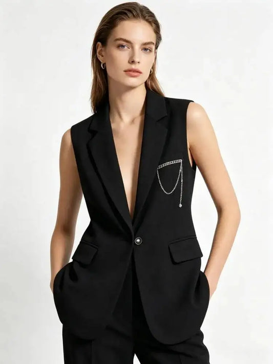 Elegant Slim-Fit Black Sleeveless Blazer Vest Women Backless Bow Tie Chain Decor Formal Office Waistcoat 2026 New