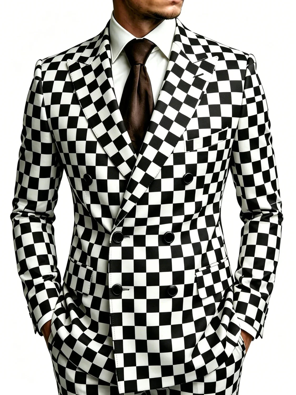 Men's Black White Grid Blazer Double Breasted Peak Lapel Slim Fit Fashion Wedding Groom Formal Party Stage Men Jacket
