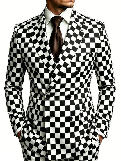 Men's Black White Grid Blazer Double Breasted Peak Lapel Slim Fit Fashion Wedding Groom Formal Party Stage Men Jacket