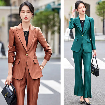 Professional Women's Suit2024New Autumn Green Striped Acetate Suit Workwear Elegant High-end Workplace Formal Wear
