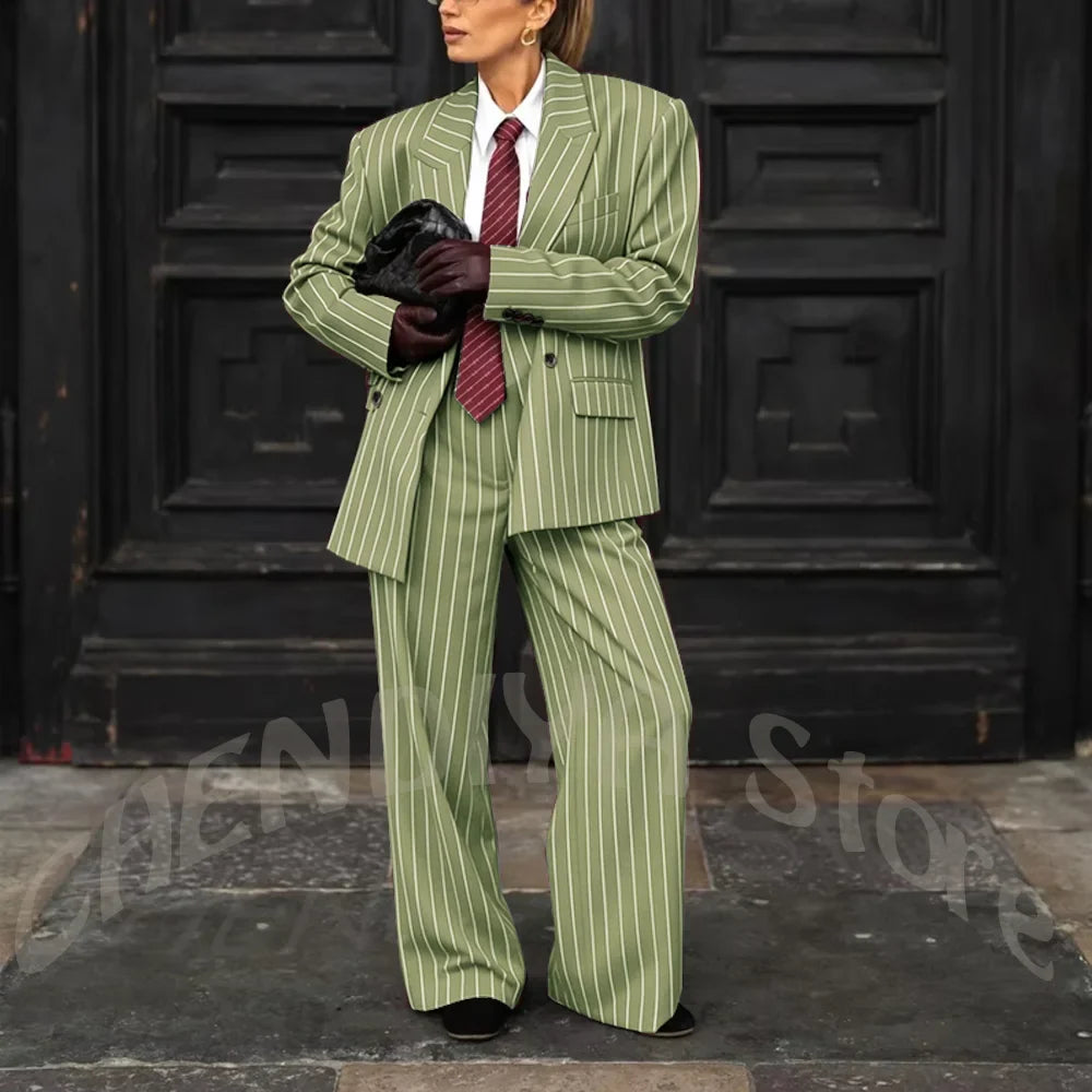 Burgundy Striped Casual Women Suit Two Pieces Jacket Pants Loose Fit Peak Lapel Blazer Set Evening Party Prom Lady Outfit
