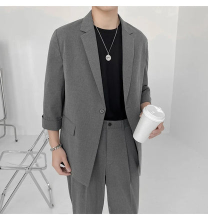 2022 Fashion Summer 2-piece Set Solid Color Single-breasted Casual Simple Student Wear Homme Loose Suits Wear (Blazers + Pants)