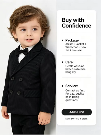 Boys Stripe Wedding Suit Set Kids Gentleman Costume Blazer Vest Pants Bow Tie Outfit for Banquet Christening Formal Party