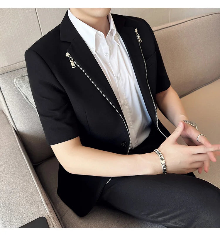2023 Summer Zipper Decoration Blazers Men Casual Business Suit Jacket Slim Fit 3/4 Sleeve Streetwear Social Jacket Men Clothing
