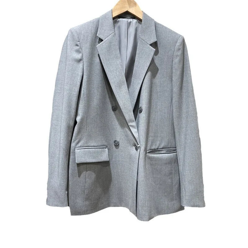 Spring Autumn New Women Blazer Notched Collar Double Breasted Pockets Elegant Fashion Office Lady Jacket Chic Coats HK13020