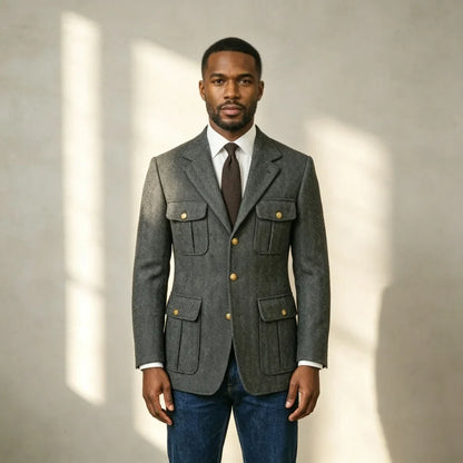 Mens Grey Herringbone Woollen Safari Suit Jacket 1 Piece Single Breasted Wedding Blazer Prom Banquet Formal Gentleman Outerwear
