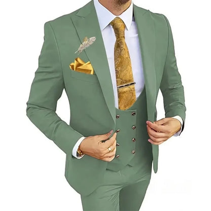 3 Piece Slim Fit Men's Suits Double Breasted Gold Button Blazer Vest Pants Set Wedding Formal Wear for Groomsmen