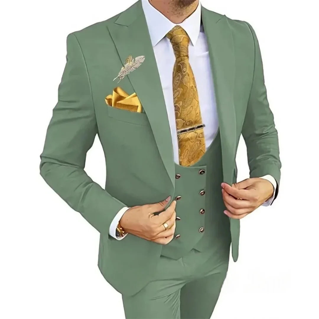 3 Piece Slim Fit Men's Suits Double Breasted Gold Button Blazer Vest Pants Set Wedding Formal Wear for Groomsmen