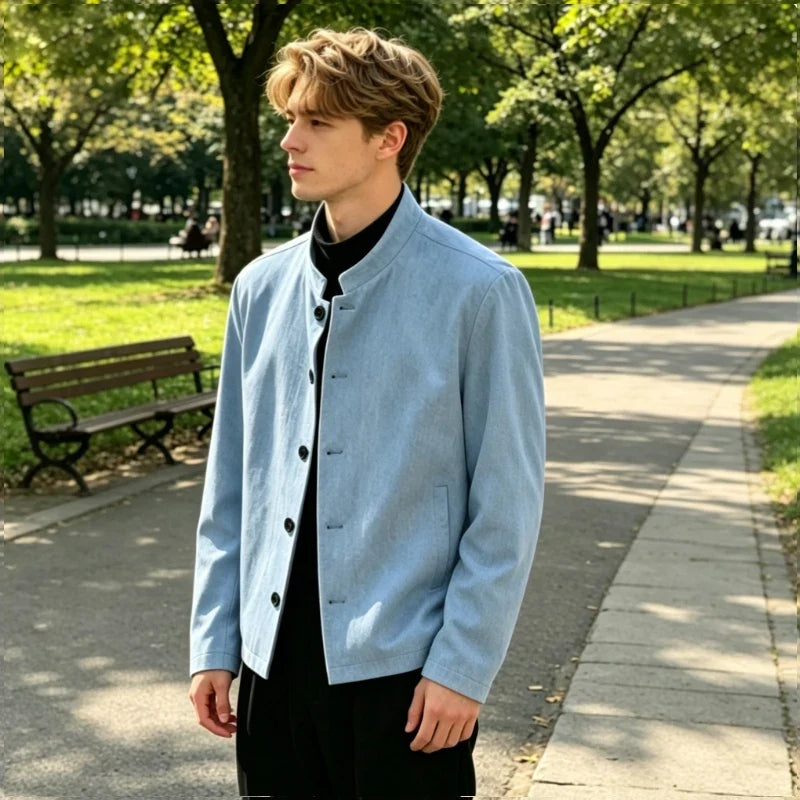Men's Linen Blazer Stand Collar Slim Fit Suit Jacket Lightweight Breathable Soft Business Casual Daily Sport Coat for Spring