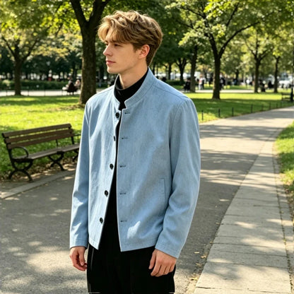 Men's Linen Blazer Stand Collar Slim Fit Suit Jacket Lightweight Breathable Soft Business Casual Daily Sport Coat for Spring