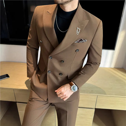 Brand Two-piece Suit for Men British Style Double Breasted Casual Business Suit Blazer Trousers Office Party Prom Wedding Suits
