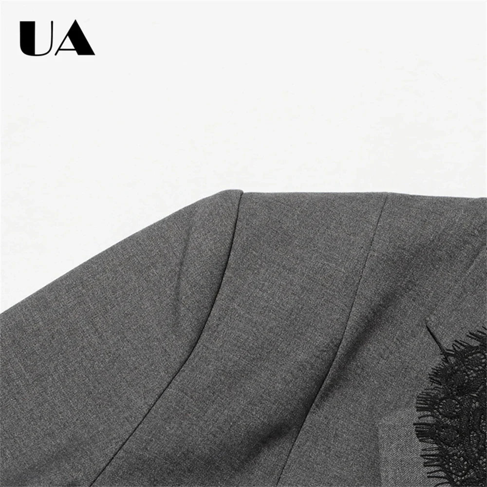 Women’s Grey Blazer with Black Lace Trim Elegant Notched Lapel Cuffs & Hem Jacket Single-Breasted Office Wear
